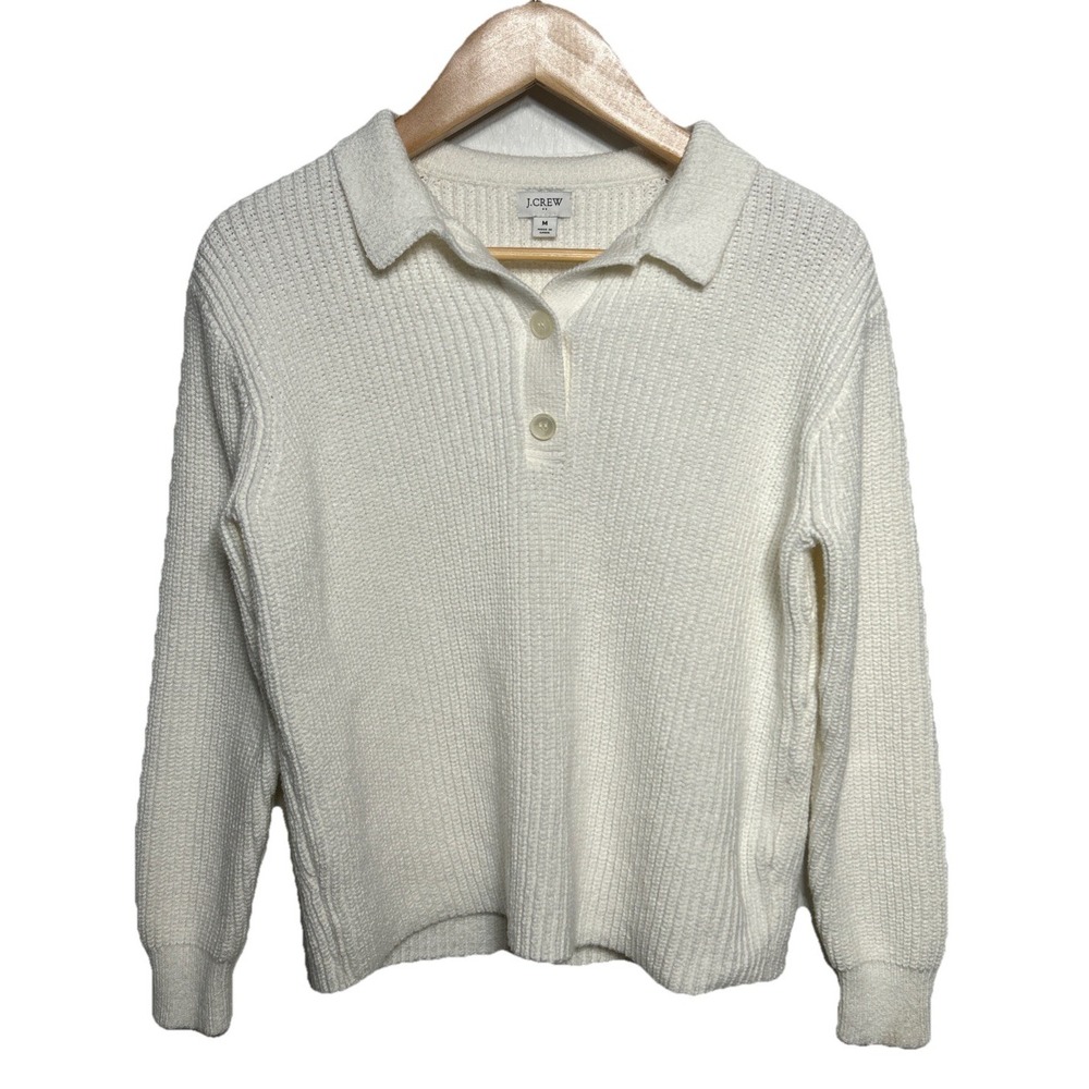 J. Crew Collared‎ 1/4 Button Sweater Long Sleeve Ribbed Knit Ivory Cotton Sz M
